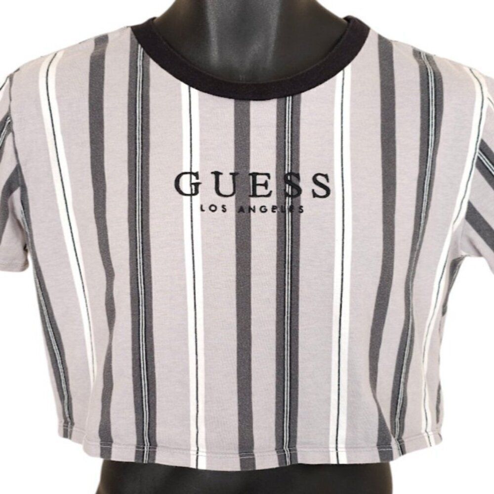 Guess Originals Crop Top T Shirt Womens Size XS Gray Striped OVERSIZED Fit